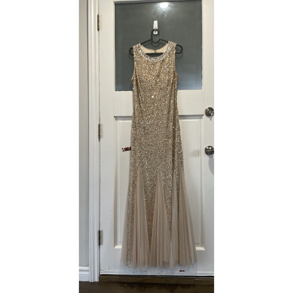 Adrianna Papell Gold Sequin Tulle Prom Gown